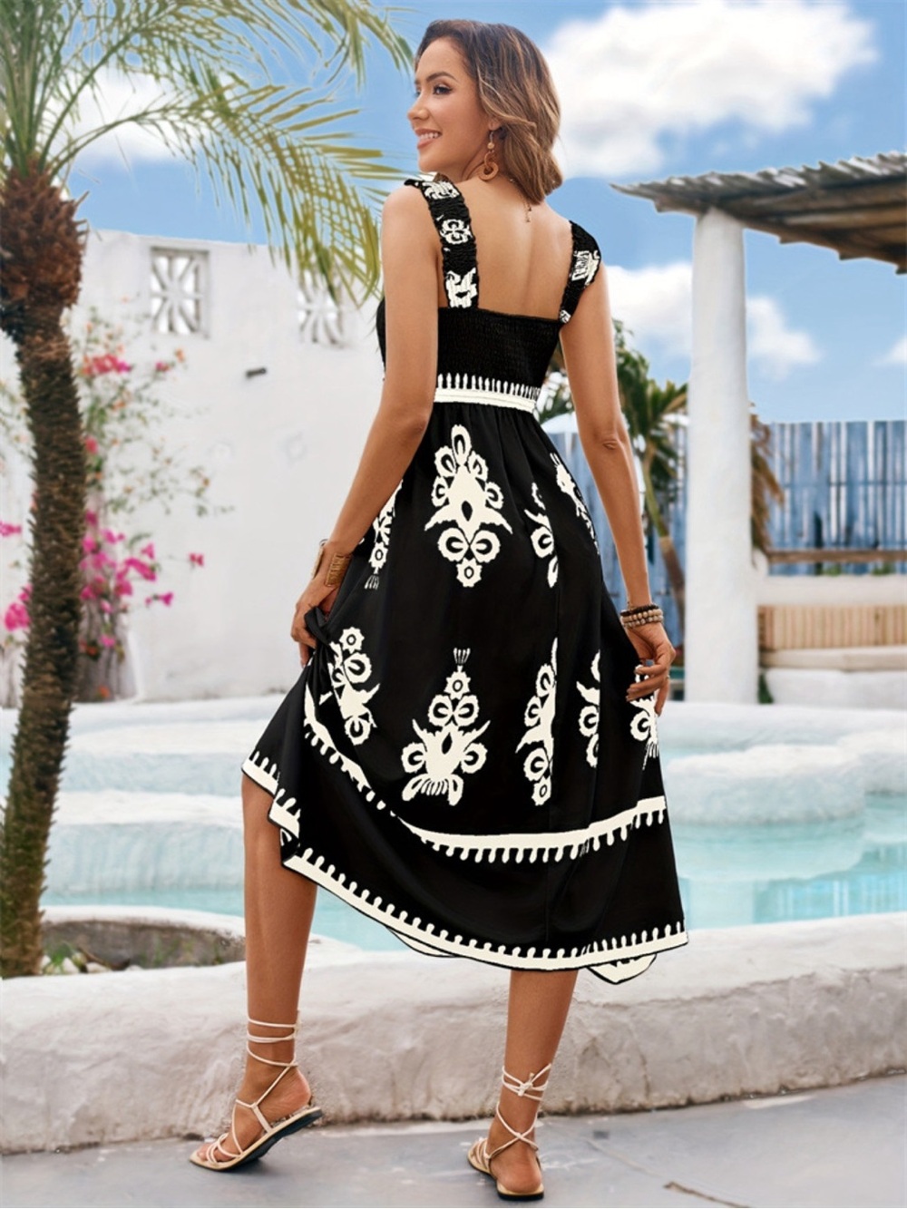Printed Square Neck Wide Strap Midi Dress - Picture 4 of 9